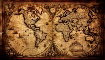 ein Antiquität Karte von das Welt, graviert im klassisch Stil generiert durch ai foto