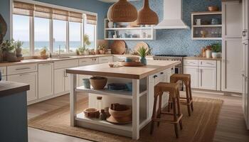 modern Küche Design mit elegant Holz Schränke und rostfrei Stahl Haushaltsgeräte generiert durch ai foto