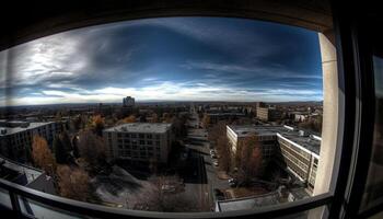 modern Stadt Horizont spiegelt im Glas Wolkenkratzer beim Dämmerung generiert durch ai foto