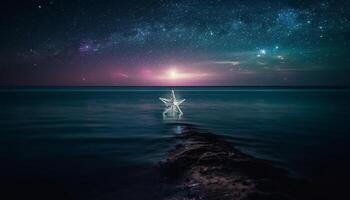 Silhouette von Männer erkunden das still, beleuchtet Star Feld Küste generiert durch ai foto