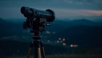 Fotograf erfasst Panorama- Berg Angebot mit Hand gehaltenen Teleskop beim Dämmerung generiert durch ai foto