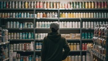 einer Mann Stehen, wählen Medizin Flasche im groß Apotheke Geschäft generiert durch ai foto
