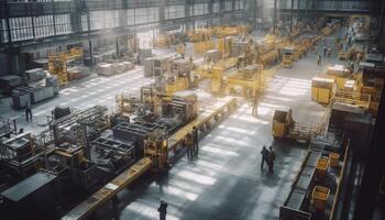 beschäftigt Fabrik Arbeitskräfte verwenden Maschinen zu Transport Metall Ladung Behälter generiert durch ai foto