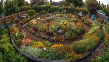 beschwingt Blumen blühen im formal Garten, ein Natur Schönheit generiert durch ai foto