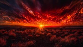 ein majestätisch Panorama- Landschaft, still und von hinten beleuchtet durch Sonnenuntergang generiert durch ai foto