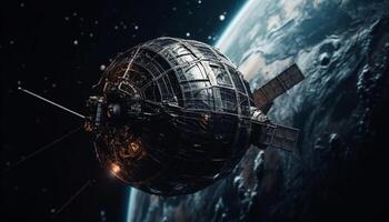 futuristisch Raumschiff Umlaufbahnen Planet im tief Raum, Überwachung Star Feld generiert durch ai foto