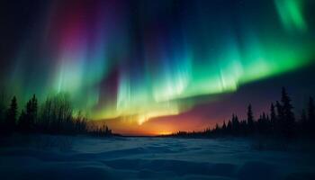 still Winter Landschaft beleuchtet durch Aurora und sternenklar Himmel generiert durch ai foto