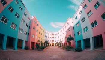 das modern Wolkenkratzer elegant Fassade leuchtet Blau im das Nacht generiert durch ai foto