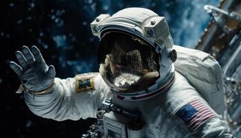 einer Astronaut, bewaffnet mit Technologie, erforscht dunkel Raum Umgebung generiert durch ai foto