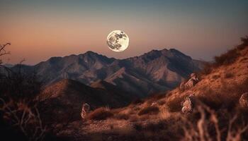 Silhouette von Berg Gipfel gegen glühend Sonnenuntergang, Mondlicht und Sterne generiert durch ai foto