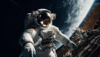 das Astronaut, bewaffnet Kräfte, und Kosmonaut erkunden Raum zusammen generiert durch ai foto