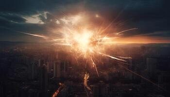 das futuristisch Stadtbild explodierte im ein glühend Feuerwerk Anzeige generiert durch ai foto