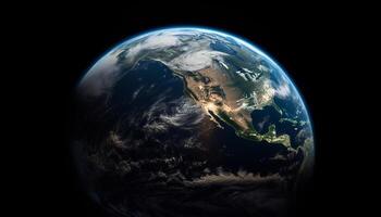global Kommunikation umkreisen Planet Erde, leuchten dunkel Stratosphäre mit Technologie generiert durch ai foto