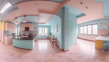 modern Küche Design mit elegant Holz Bodenbelag und hell Fenster generiert durch ai foto
