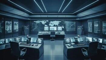 futuristisch Büro mit modern Technologie und global Kommunikation Ausrüstung beleuchtet generiert durch ai foto