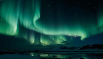 Natur majestätisch Schönheit beleuchtet durch glühend Aurora im Arktis Nacht generiert durch ai foto