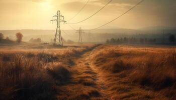 Elektrizität Pylon steht hoch im still ländlich Landschaft beim Sonnenuntergang generiert durch ai foto