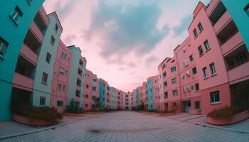 das modern Wolkenkratzer Rosa Fassade spiegelt das Blau Dämmerung Himmel generiert durch ai foto