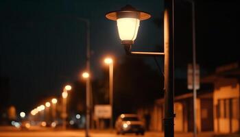 das elektrisch Lampe beleuchtet das dunkel Stadt Straße beim Dämmerung generiert durch ai foto