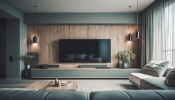 modern Luxus Wohnung mit komfortabel Sofa, elegant Dekor, und Beleuchtung generiert durch ai foto