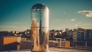 modern Stadt Horizont spiegelt auf Glas Wolkenkratzer beim Dämmerung generiert durch ai foto
