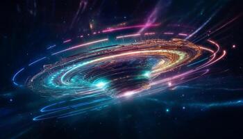 futuristisch Raumschiff Umlaufbahnen Galaxis, Senden Daten von tief Raum generiert durch ai foto
