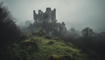das uralt ruiniert Schloss im das Nebel war gespenstisch und mysteriös generiert durch ai foto