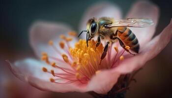 beschäftigt Honig Biene bestäubt Gelb Blume, Sammeln Pollen zum Honig generiert durch ai foto