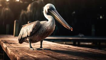 ein Pelikan nehmen aus, es ist Schnabel Ausbreitung, fliegend Über Wasser generiert durch ai foto