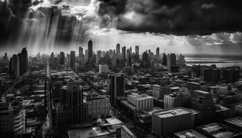 Panorama- Stadtbild beim Dämmerung modern die Architektur, Nein Menschen, einfarbig Horizont generiert durch ai foto