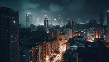 Stadt Horizont leuchtet mit modern die Architektur, geschäftig der Verkehr und Nachtleben generiert durch ai foto
