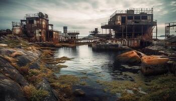 verlassen Fabrik, rostig Maschinen, verschmutzt Wasser, beschädigt Umfeld, ruiniert Landschaft generiert durch ai foto