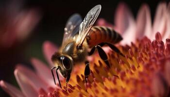 ein beschäftigt Honig Biene bestäubt ein Gelb Gänseblümchen Staubblatt generiert durch ai foto