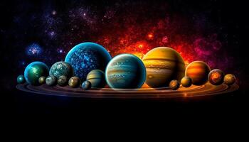 abstrakt Raumschiff Umlaufbahnen glühend Planet im multi farbig Star Feld generiert durch ai foto
