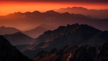 das majestätisch Berg Gipfel silhouettiert gegen das Orange Dämmerung Himmel generiert durch ai foto