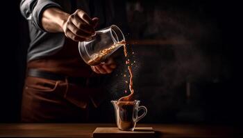 das Barista gießt heiß Kaffee in ein Becher, Dampf steigend generiert durch ai foto