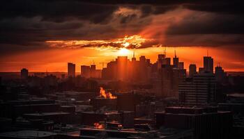 Silhouette von Wolkenkratzer glühen im multi farbig Sonnenuntergang Über überfüllt Stadt generiert durch ai foto