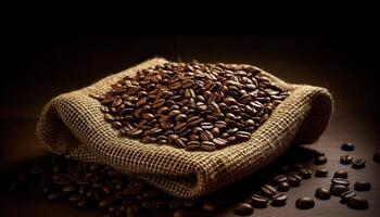 frisch geröstet Kaffee Bohnen verschütten von Sackleinen Sack auf zu Tabelle generiert durch ai foto