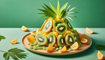 ein bunt Obst Platte, ein gesund und Süss Sommer- Snack generiert durch ai foto
