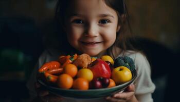 ein Niedlich, lächelnd Mädchen hält ein frisch Tomate, genießen gesund Essen generiert durch ai foto