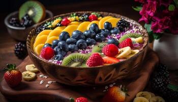 ein Gourmet Schüssel von organisch Joghurt mit frisch Beeren und Granola generiert durch ai foto