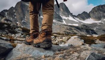 einer Person Wandern oben Berg Gipfel mit Rucksack und Ausrüstung generiert durch ai foto