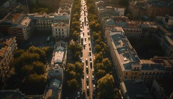 modern Stadt Leben beleuchtet durch Nacht, hoch oben über der Verkehr generiert durch ai foto