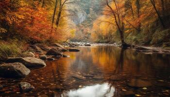 still Szene multi farbig Blätter reflektieren auf fließend Teich im Herbst generiert durch ai foto