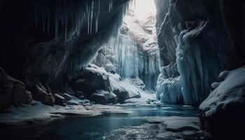 majestätisch Berg Bereich, gefroren im Zeit, ein Winter Wunderland Abenteuer generiert durch ai foto