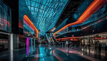 Gehen durch futuristisch finanziell Bezirk, beleuchtet durch Blau Beleuchtung Ausrüstung generiert durch ai foto