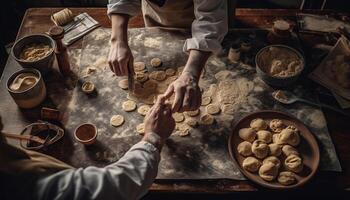 einer Person vorbereiten hausgemacht Lebkuchen Plätzchen Teig drinnen, schließen oben Aussicht generiert durch ai foto