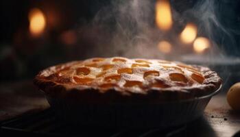 hausgemacht Kürbis Kuchen auf rustikal Holz Tisch, bereit zu Essen Genuss generiert durch ai foto