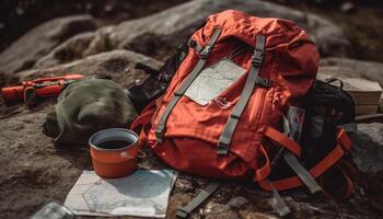 Wandern Rucksack, Abenteuer Tasche zum Berg Klettern und Erkundung generiert durch ai foto