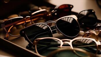 modern Sonnenbrille Sammlung spiegelt Eleganz und Mode im Sommer- Geschäft generiert durch ai foto